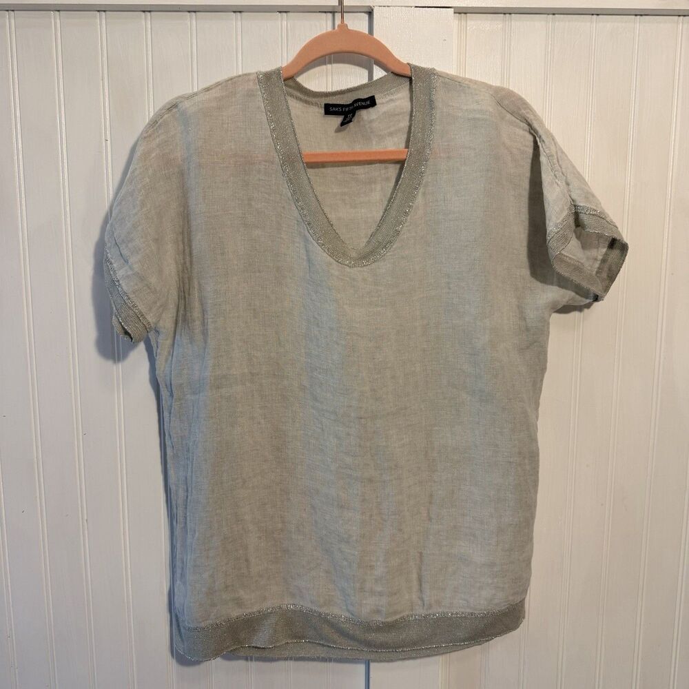 Saks Fifth Avenue Blouse Womens Med Green Linen V Neck Short Sleeve Shirt Italy